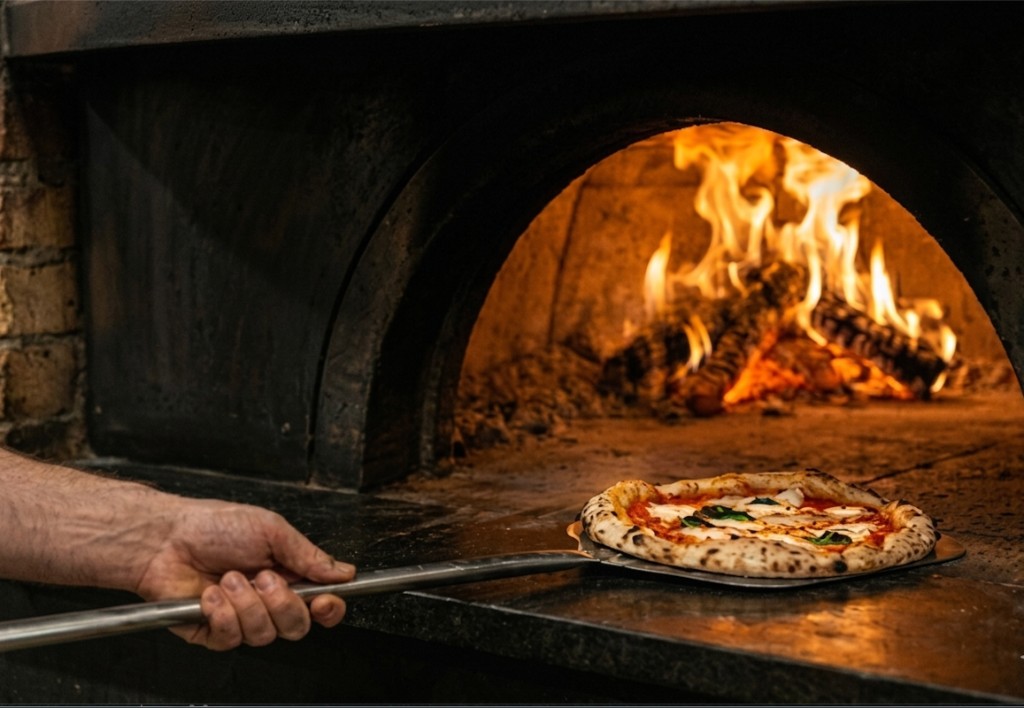 Pizza baking in a stone wood-fired oven with live flame